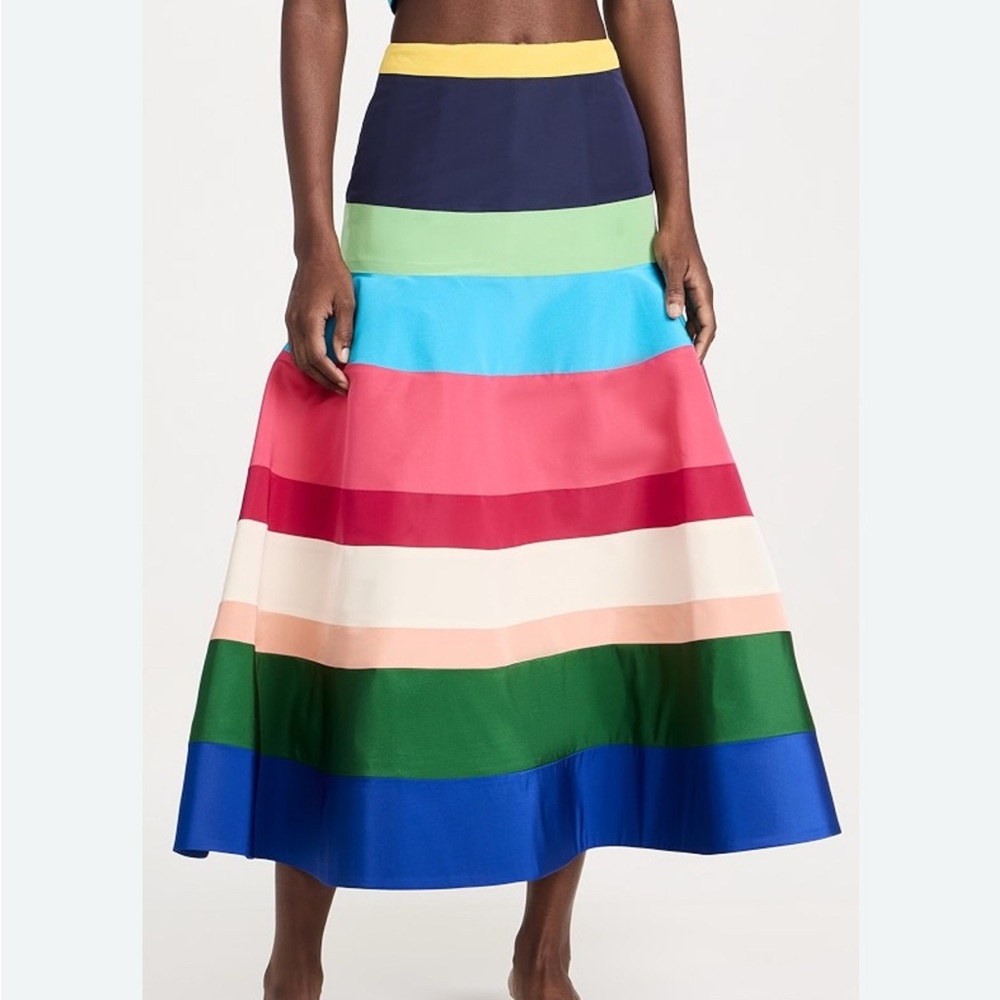 ISO Rosie Assoulin Blue and Yellow Tiered A-Line Midi Skirt Resort Wear